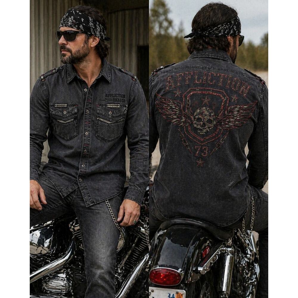 Affliction Black Premium Skull Wing Button Up Shirt Mens 2XL Distressed Y2K Goth